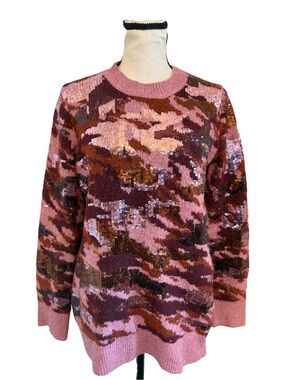 DKNY Jeans Sequin Camo Sweater Pink Purple Metallic Knit Pullover Size S